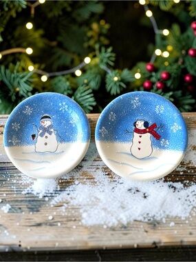 Set of two Christmas snowman plates, holiday decor, St. Nicholas Square